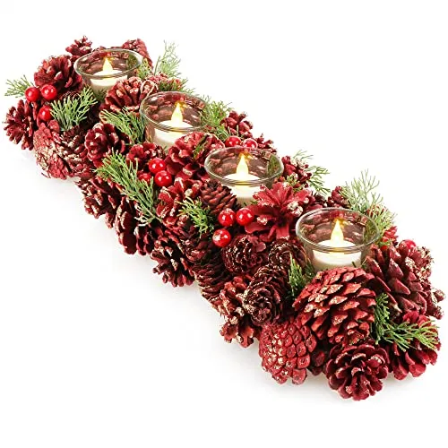 com-four® Adventskranz länglich, Kerzenständer Weihnachten für 4 Kerzen, Kerzenhalter, Adventsgesteck, XL Adventskerzenhalter, Kerzenleiste als Tischdeko (Adventsgesteck rote Zapfen- 4 Kerzen)