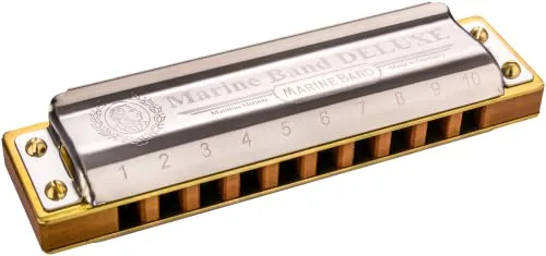 HOHNER Marine Band - Deluxe, E Mundharmonika - Mundharmonika mit 20 Stimmzungen, verbesserten Edelstahleckeln und abgerundeten Stimmplatten für höheren Spielkomfort. Made in Germany, inklusive 30 Tage Zugang zu Online-Lektionen.