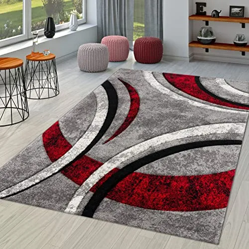 TT Home Wohnzimmer Teppich Kurzflor Abstrakt Geometrisch Design Used Look Modern, Farbe: Grau Rot Beige, Größe:200x290 cm
