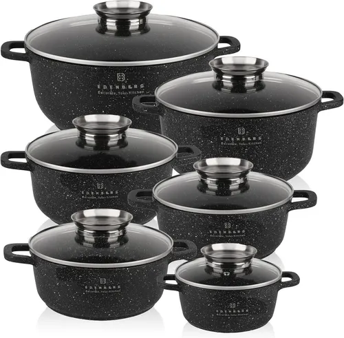 12-Tlg Marmor Töpfset mit Glasdeckel - Topf-Set mit innovativer Marmorbeschichtung für fettfreies Kochen, kratzfest und für alle Herdarten geeignet, ideal für gesunde und schmackhafte Gerichte.