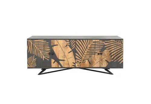 Massives Sideboard Tropical 160cm aus Mangoholz mit floralem Design - Hochwertiges Sideboard aus massivem Mangoholz mit einzigartiger Maserung und floralen Verzierungen. Ideal für stilvolle Wohnzimmergestaltung und bietet vier geräumige Fächer für optimalen Stauraum.