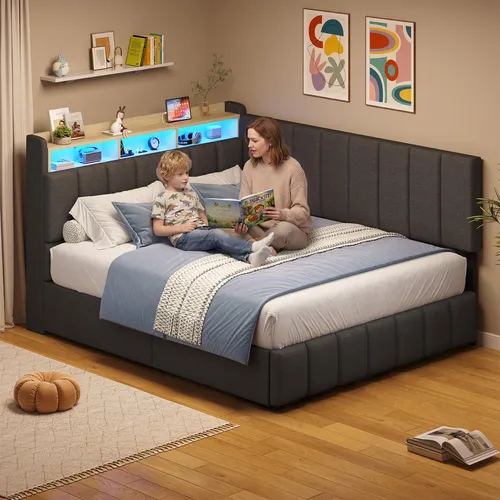 KIMENICH Jugendbett mit LED Beleuchtung und Ladestation, 140 x 200cm – Grau - Praktisches Polsterbett mit verstecktem Stauraum und integrierter Ladestation. Ideal für Schlafzimmer und Gästezimmer, sorgt für Ordnung und bietet ein modernes Design.