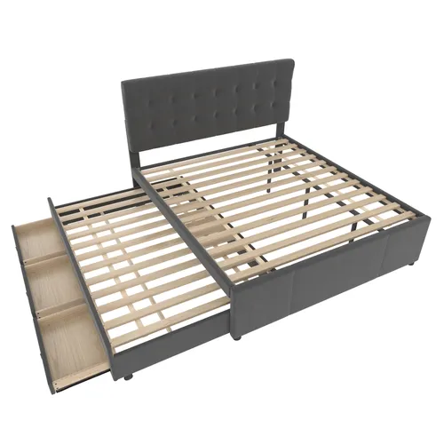 Polsterbett 140x200 cm mit 2. Schlafgelegenheit und Schubladen – Dunkelgrau - Praktisches Stauraumbett mit Lattenrost und 3 Schubladen. Die zusätzliche Liegefläche ist bequem unter dem Bett verstaut. Höhenverstellbares Kopfteil für individuellen Komfort.