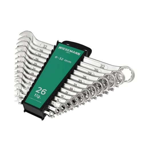 WIESEMANN 1893 Extra Grosses Ring-Maulschlüssel Set 26tlg. 6-32mm I Schraubenschlüssel Satz im Werkzeug Halter I mit 15° abgewinkelte Ringseite für einfacheres Arbeiten I 80270