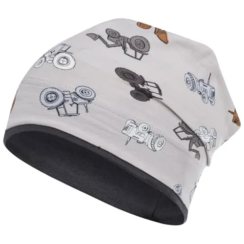 Smarilla Jungen Mütze Übergangsmütze Beanie Fahrzeuge Frühling Herbst Baumwolle, Größe: 46-48, Farbe: Traktor-Graubeige
