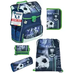 Scooli Ranzen-Set 5-teilig FUSSBALL - Schulranzen in Blau - Stylisches Fußball Schulranzen-Set in Blau mit grünem Design. Ideal für kleine Fußballfans, bietet viel Platz und ergonomischen Komfort für den Schulalltag. Inklusive Federmäppchen und weiteren nützlichen Zubehörteilen.