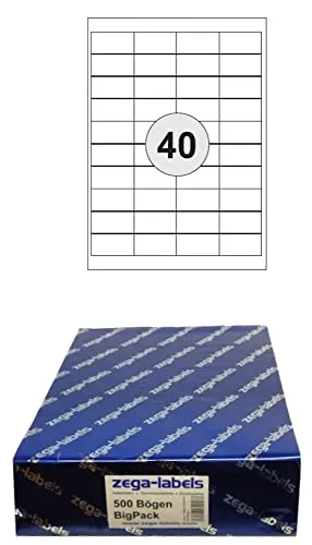 20.000 Etiketten 48,5 x 25,4 mm selbstklebend auf DIN A4 Bögen (4x10 Etiketten) - 500 Blatt Bigpack - Universell für Laser/Inkjet/Kopierer/Farblaser einsetzbar - 48x25mm 40-teilig