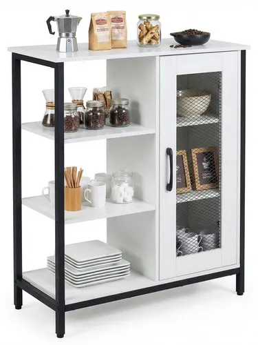 COSTWAY Sideboard Holz, Küchenschrank mit Tür und Ablagen, 70x30x81cm, Weiß - Praktischer Küchenschrank mit 3 offenen Ablagen und einem geschlossenen Schrank. Robuster Kohlenstoffstahlrahmen garantiert Langlebigkeit. Ideal für kleine Küchen und Essbereiche.