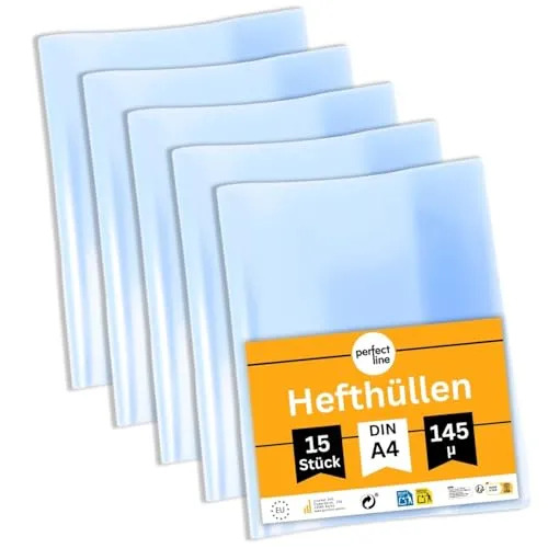 perfect line - 15 Hefthüllen DIN A4 – glasklar & extra stark – transparente Heftumschläge aus recycelbarem PP, dokumentenecht, säurefrei, langlebig & nachhaltig – Heftschoner für Schule & Büro