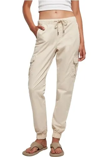 Urban Classics Damen High Waist Cargo Jogging Pants – Jogginghose im Regular Fit mit hohem Bund, Cargotaschen mit Knopfverschluss, Baumwolle mit Stretch für Streetwear und Freizeit,Whitesand,5XL