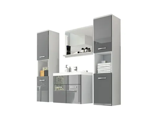 Feldmann-Wohnen Badmöbel-Set Montreal, (2 Hängeschränke, 1 Spiegel, 1 Waschbeckenunterschrank, 1 Waschbecken, 5-St., Türen, Einlegeböden, offene Fächer, Spiegel, Waschbecken), 5-teilig, weiß / grau Hochglanz lackiert