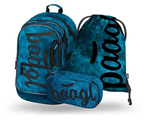 Baagl Schulrucksack Set Jungen 3 Teilig - Ergonomischer Ranzen für die Grundschule (Ocean) - 3-teiliges Schultaschen-Set mit ergonomischem Design, anatomisch gepolstertem Rücken und viel Stauraum für optimale Körperhaltung und Komfort bei Schulkindern.