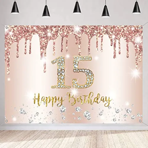 15. Geburtstag Mädchen Deko Banner Roségold Stoff Schild Plakat, 15. Geburtstag Hintergrund Banner Mädchen Geburtstagsfeier Deko