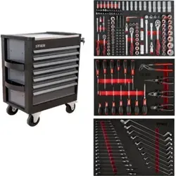 STIER Werkstattwagen Premium – 223-teilig, Edelstahl-Arbeitsfläche, 7 Schubladen