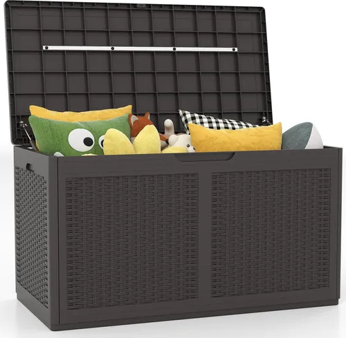 GOPLUS 380 L Gartenbox, Auflagenbox wasserdicht mit Rollen, Deckel, Kissenbox Outdoor aus Rattanstruktur, Gartentruhe für Balkon, Gartengeräte (Braun)