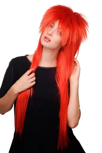 80er Jahre Vokuhila Perücke rot knallrot feuerrot Glam Rock lang WIG 9666-137