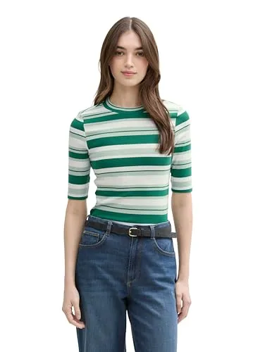 TOM TAILOR Denim Damen T-Shirt 1045429 - Green Mint Stripe - Stylisches, kurzärmliges T-Shirt für Damen mit optimaler Passform und hohem Tragekomfort, ideal für den Alltag.