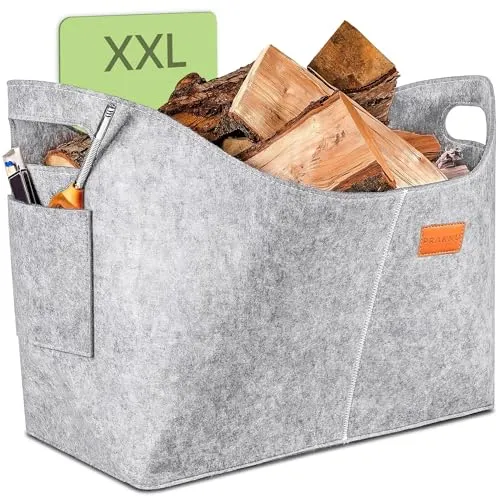 Praknu Kaminholzkorb XXL Groß – 100% Recycelter PET-Filz – Extrem Robust und Standfest – Brennholzkorb mit Verstärkten Griffen und Seitentasche - Grau