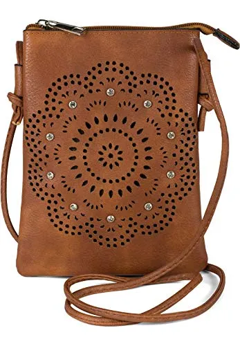 styleBREAKER Damen Mini Umhängetasche mit Blumen Lasercut Cutout Muster und Strass | kleine Crossbody Bag Schultertasche Handytasche 14,5 x 19 cm, Farbe:Cognac