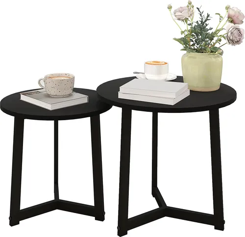 Moderner Couchtisch 2er-Set mit Metallrahmen und rundem Design, Schwarz
