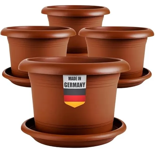 2friends Elegantes 4er-Set Blumentopf groß 40 cm Durchmesser - Pflanzkübel groß außen in Terracotta, mit Untersetzer, Robust & Frostsicher, aus Kunststoff, für Garten, Balkon, Terasse