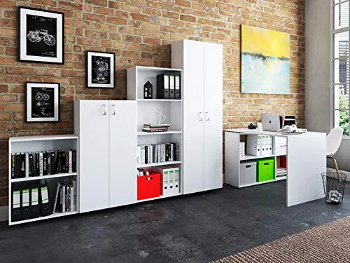 möbelando Büro-Kombi Trio 2345 - Komplettset in Weiß - Komplettprogramm für Arbeitszimmer, vielseitig kombinierbar mit kompakten Maßen und großzügiger Arbeitsfläche für optimale Ordnung und Übersicht.