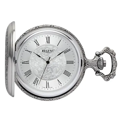 Regent Herren Taschenuhr Savonnette Antik 49 MM - Taschenuhr für Herren mit mechanischem Handaufzug und antikem Design. Der elegante Klappdeckel und das silberfarbene Zifferblatt mit römischen Zahlen machen sie zum perfekten Accessoire für stilbewusste Herren.