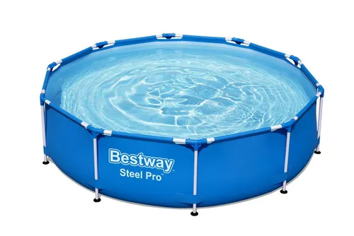 Bestway Steel Pro Frame Pool Ø 305 x 76 cm, blau - Swimmingpool mit 4.678 Liter Kapazität, einfacher Werkzeugloser Aufbau, robustes DuraPlus-Material für hohe Langlebigkeit und integriertes Ablassventil für müheloses Entleeren.