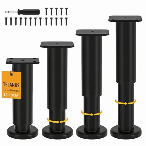 TELANKS 4er Set Möbelfüße Höhenverstellbar 12-18 cm, Verstellbar Bettfüße | 450 kg Belastbarkeit, Rostbeständige Metall Möbelbeine für Bett, Sofa, Couchtisch, TV-Möbel und DIY-Projekte mit Stabiler