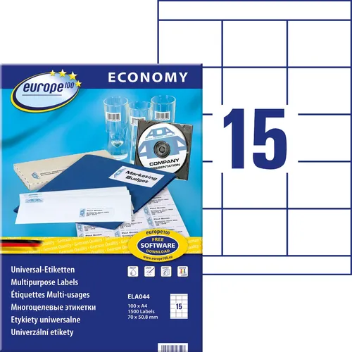 europe100 ELA044 Universaletiketten, 1500 Etiketten, Format 70x50,8mm, 100 Blatt