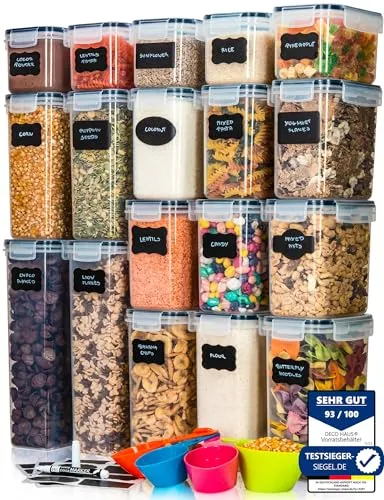Deco haus® Vorratsdosen Set 18-teilig - Müslidosen, luftdicht und auslaufsicher, ideal für die ordentliche Aufbewahrung von Lebensmitteln wie Müsli, Nudeln und mehr. Inklusive praktischer Etiketten und Messbechern.