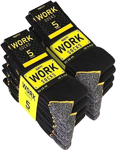Brubaker 10 Paar Herren Arbeitssocken - Work Socken für optimalen Halt auf der Arbeit - Robuste Funktionssocken aus Baumwolle - Verstärkter Fersen und Zehenbereich - Schwarz Grau Gelb - Größe 43-46