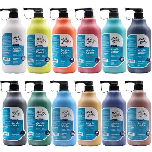 Mont Marte Hochwertiger Acrylfarben Set 12 Farbe x1L Perfekt Geeignet für Leinwand, Holz, Stoff, Leder, Pappe, Papier, MDF und Kunsthandwerk
