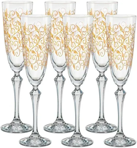 Sektglas Leave Gold 200 ml 6er Set von Bohemia - Elegantes 6er Set Sektgläser mit handbemalten goldenen Blättern, ideal für festliche Anlässe. Perfekt verpackt in einer Präsentschachtel.