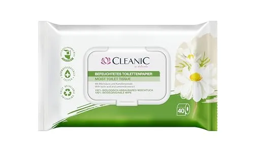 Cleanic Toilettenpapier – (1x40 Stück) Feuchtes Toilettenpapier – mit Kamille, spülbar – 40 Stück