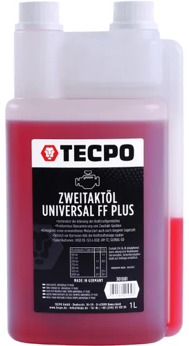 TECPO Zweitaktöl Universal 2-Takt FF Plus 1 Liter, teilsynthetisch, mit Fuel Fresh, für Gemisch & Getrenntschmierung, ideal für Motorsäge, Rasenmäher, Mofa, JASO FD, ISO-L-EGD, API TC, 1:50 mischbar