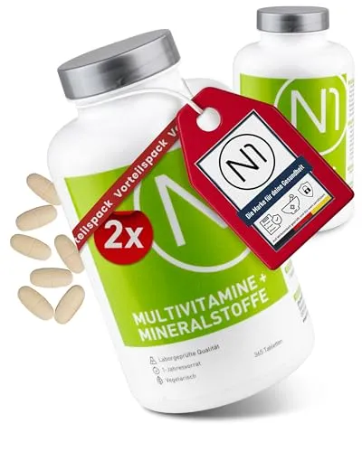 N1 Multivitamin Tabletten hochdosiert - Jahresvorrat für Vegetarier - Multivitaminpräparate & Mineralien – Hochdosierte Vitamine A-Z und alle wichtigen Mineralstoffe in einer leicht schluckbaren Tablette. Ideal für Vegetarier, ohne tierische Inhaltsstoffe und Allergene.