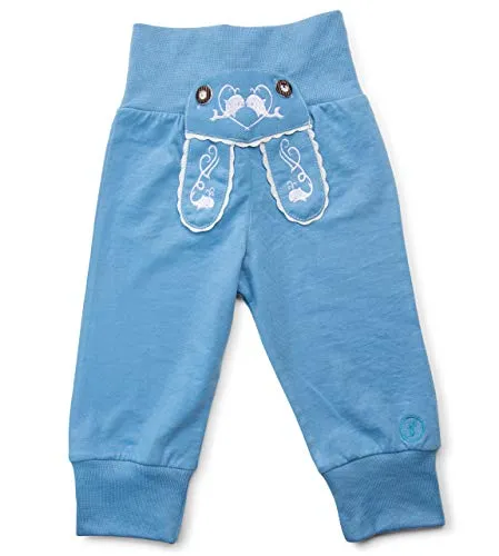 Schöneberger Trachten Couture Baby Stoffhose im Lederhosen Design – Babyhose mit elastischem Bund – Pumphose Kinderhose Bockkitz (98/104, Hellblau)