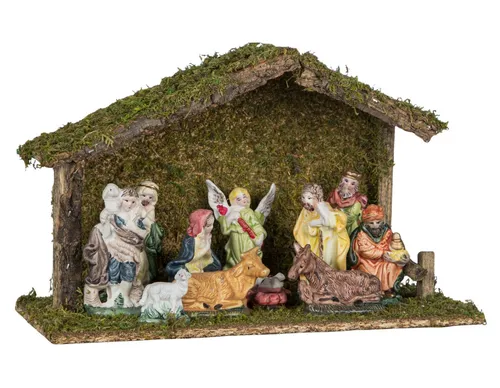 Dekoleidenschaft Krippe aus Holz, Weihnachtskrippe, Holzkrippe mit Moos + 11 Krippenfiguren, aus Porzellan, Weihnachtsfiguren, Weihnachtsdeko