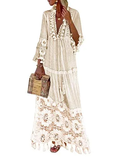shownicer Langes Kleid Damen 3/4 Ärmel Floral Spitzenkleid Sommerkleider V-Ausschnitt Strandkleid Boho Vintage Party Maxikleid Weiß 3XL