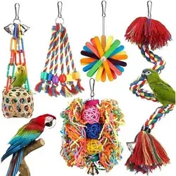 Vogelspielzeug Seilsitzstange mit Glocke - Bunt und Unterhaltsam - Buntes Vogelspielzeug mit Seilsitzstange und Glocke – Fördert Bewegung und geistige Stimulation für Sittiche und Papageien. Hergestellt aus langlebigen, vogelsicheren Materialien, ideal für sicheres Spielen und Kauen.