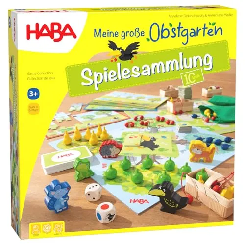 Haba 302282 - Meine große Obstgarten-Spielesammlung - Gesellschaftsspiele mit 10 abwechslungsreichen Spielideen, die Gedächtnis und Wortschatz bei Kindern ab 3 Jahren fördern. Hochwertige Holz- und Kartonteile garantieren langlebigen Spielspaß.