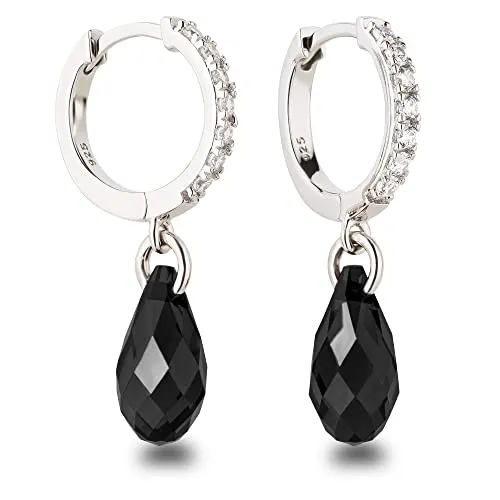 Schöner-SD Ohrhänger Creolen mit Kristall Tropfen 925 Silber Schwarz