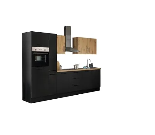Stella Trading Turin ZB Küchenzeile 300 x 211 x 60 cm, schwarz - MODERN - Stilvolle Küchenzeile in mattem Schwarz mit Artisan-Eiche Optik. Bietet viel Stauraum und clevere Aufbewahrungslösungen. Die Montage ist einfach und schnell, ideal für jeden Haushalt.