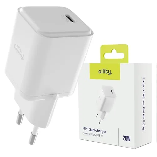 Allity GaN USB C Ladegerät 20W 1x USB-C PD -Schnellladegerät, iPhone-Ladegerät, Kompaktes, Netzteil, Mini Power Adapter, Charger, Weiß