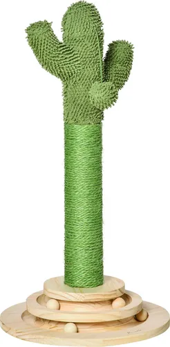 PawHut Kratzbaum Kaktus - 60 cm Hoch - Kratzbaum aus Kiefernholz mit Sisal-Seil und Holzkugel-Spielzeug, ideal für Katzen zur Krallenpflege und Spielspaß.