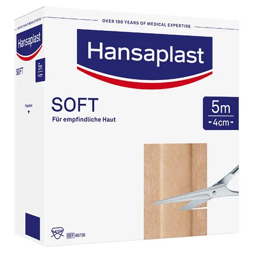 Hansaplast Soft Wundpflaster 4 cm x 5 m - Flexibel & Atmungsaktiv - Hansaplast Soft Wundpflaster für empfindliche Haut - atmungsaktiv und hypoallergen. Ideal für die tägliche Wundversorgung, passt sich flexibel an die Hautbewegungen an und bietet zuverlässigen Schutz.