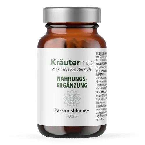 NEU! Kräutermax Passionsblume Kapseln Hochdosiert | Passionsblume Kapseln mit Ashwagandha, Baldrian, Kamille, und Hopfen | Passionsblumen Extrakt nach Kräutermax Original Rezeptur | 1 x 50 Stück