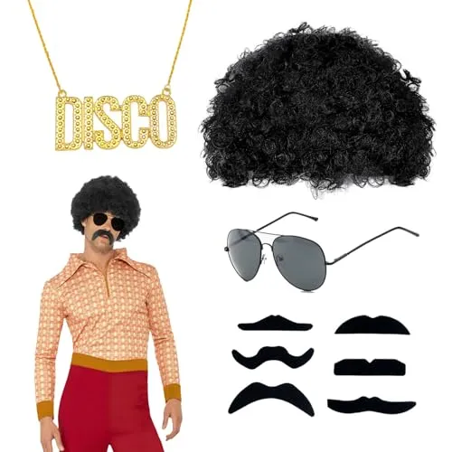 QSZHSL 9 Stück 70er Jahre Bekleidung Herren, Hippie Kostüm Set, Hippie Kostüm Perücke Zubehör, 70er 80er Jahre Verkleidung Hippie Outfit, Afro Perücke, Für Cosplay, Halloween, Kostümfeste (9 Stück)