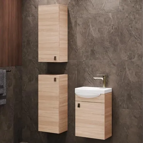Planetmöbel Badmöbel Set Waschtisch mit Unterschrank 40 x 60 x 29 cm mit 2X Midischrank 32 x 75 x 23 cm für Badezimmer, Gäste WC & Bad, Sonoma Eiche